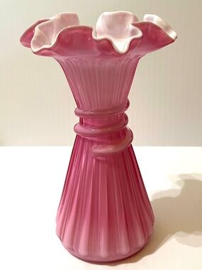 Fenton Wheat Stack Cornshock Vase Wild Rose Ruffled Rim Wheat Stack Ribbed Body